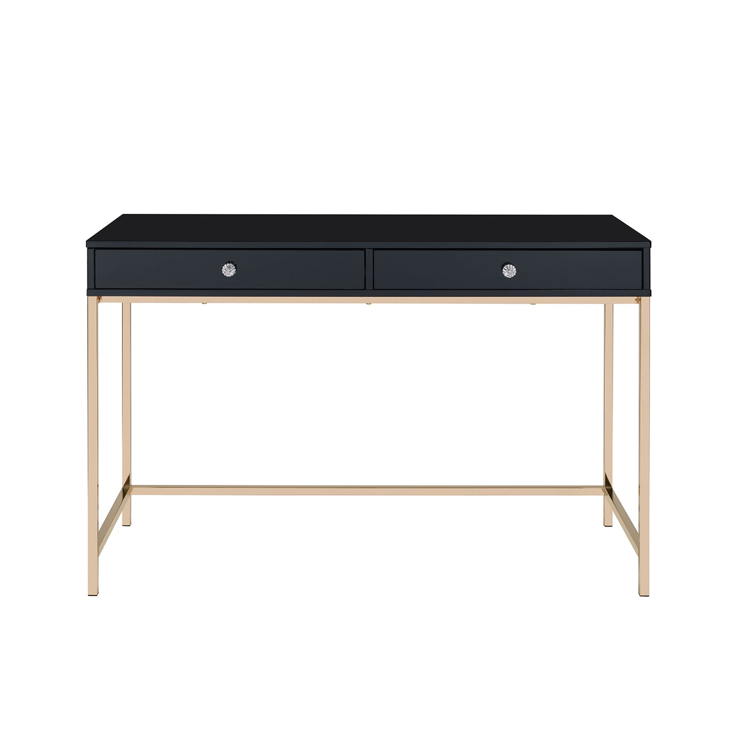 Rectangular Writing Desk with 2 Drawers, Black High Gloss and Gold