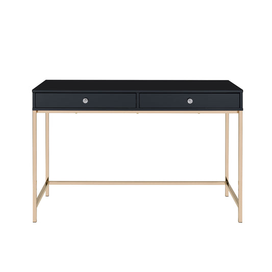 Rectangular Writing Desk with 2 Drawers, Black High Gloss and Gold