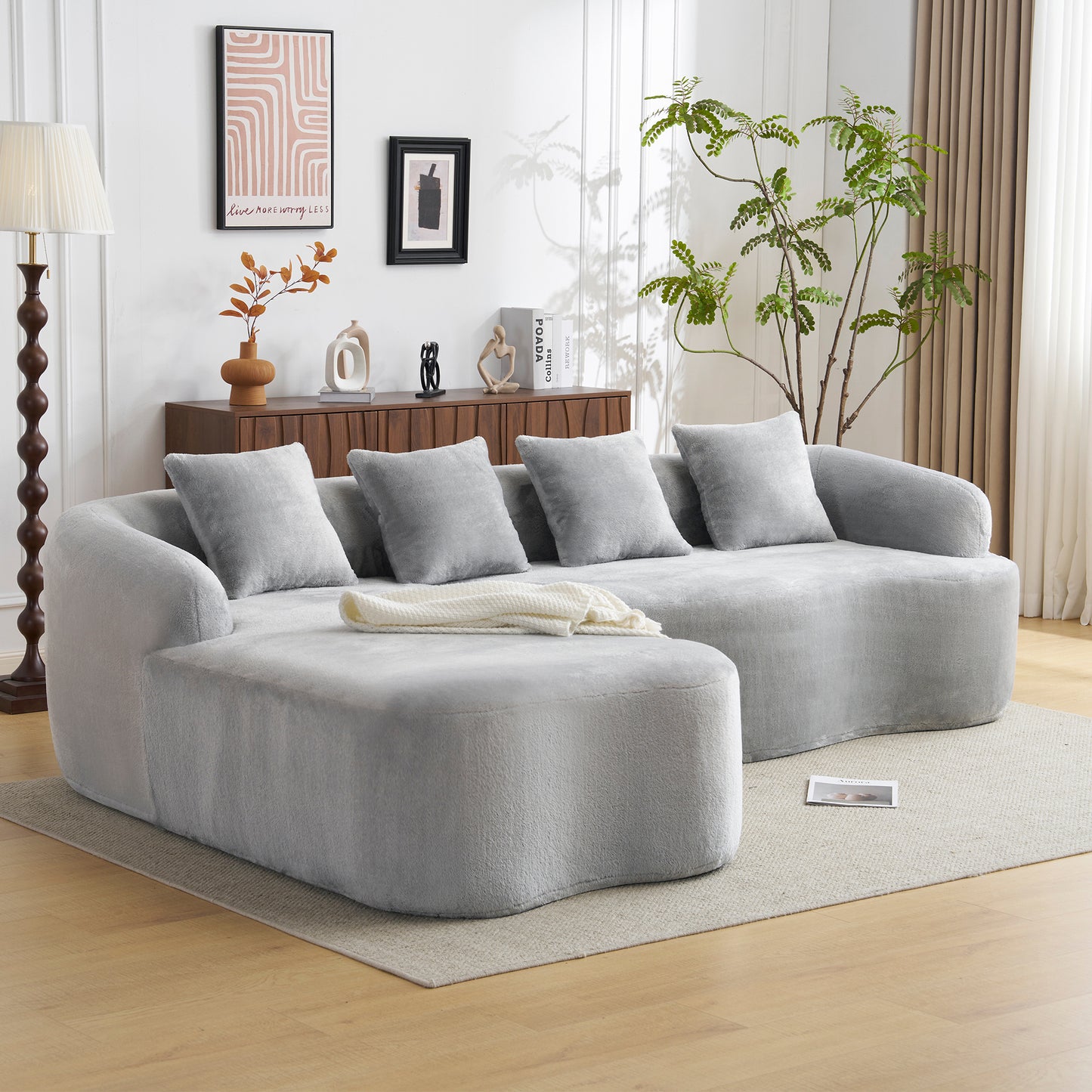 Full Compression L-Shape Sectional Sofa with Curved Chaise, Grey Modular Chenille Couch, High-Density for Apartment Living Room