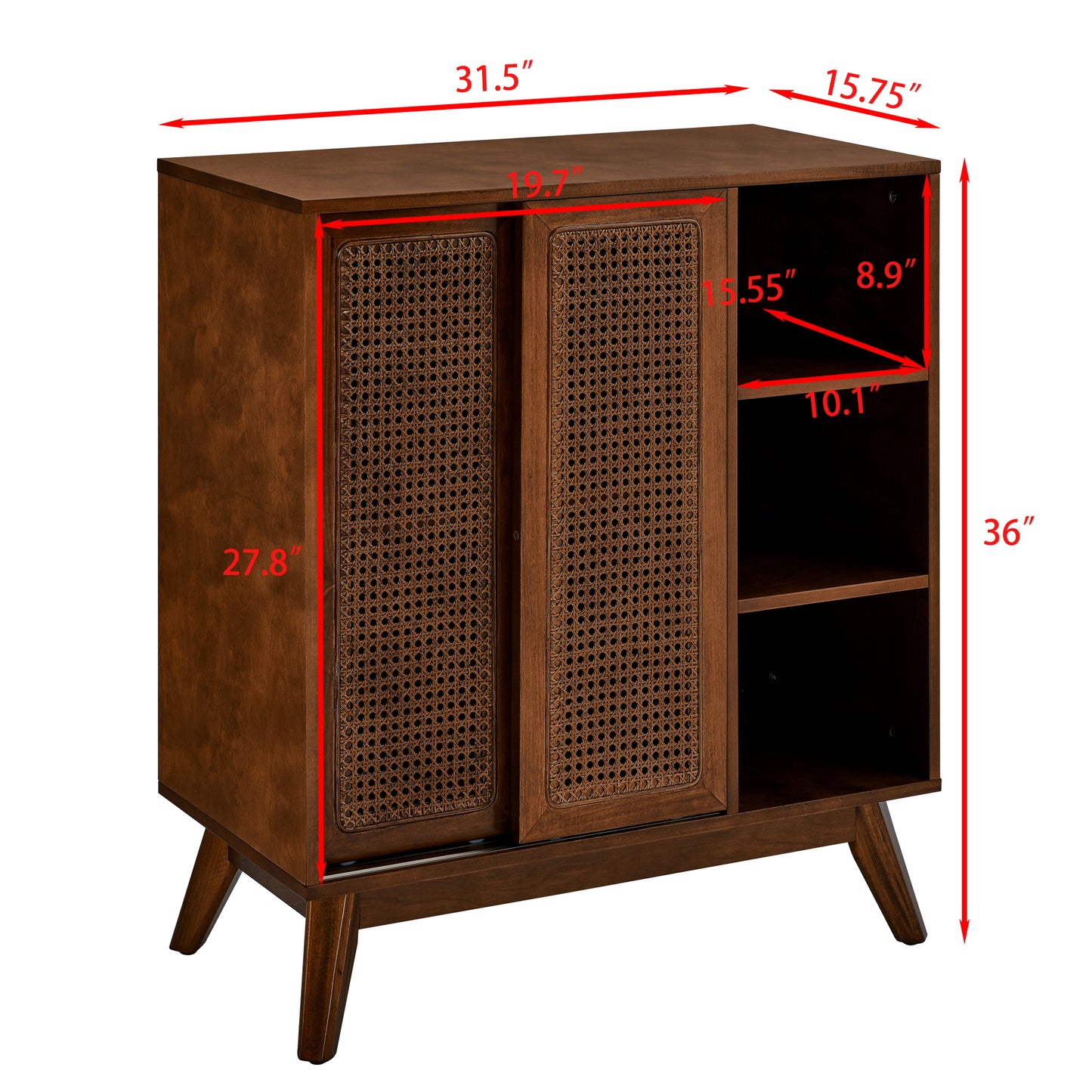 Mid Century Modern Rattan Sideboard Cabinet, Buffet Cabinet for Entryway Hallway Living Room Kitchen Dining Room Bedroom, Adjustable Shelf & Solid Wood Feet & Rattan Cabinet Doors - Dark Wood