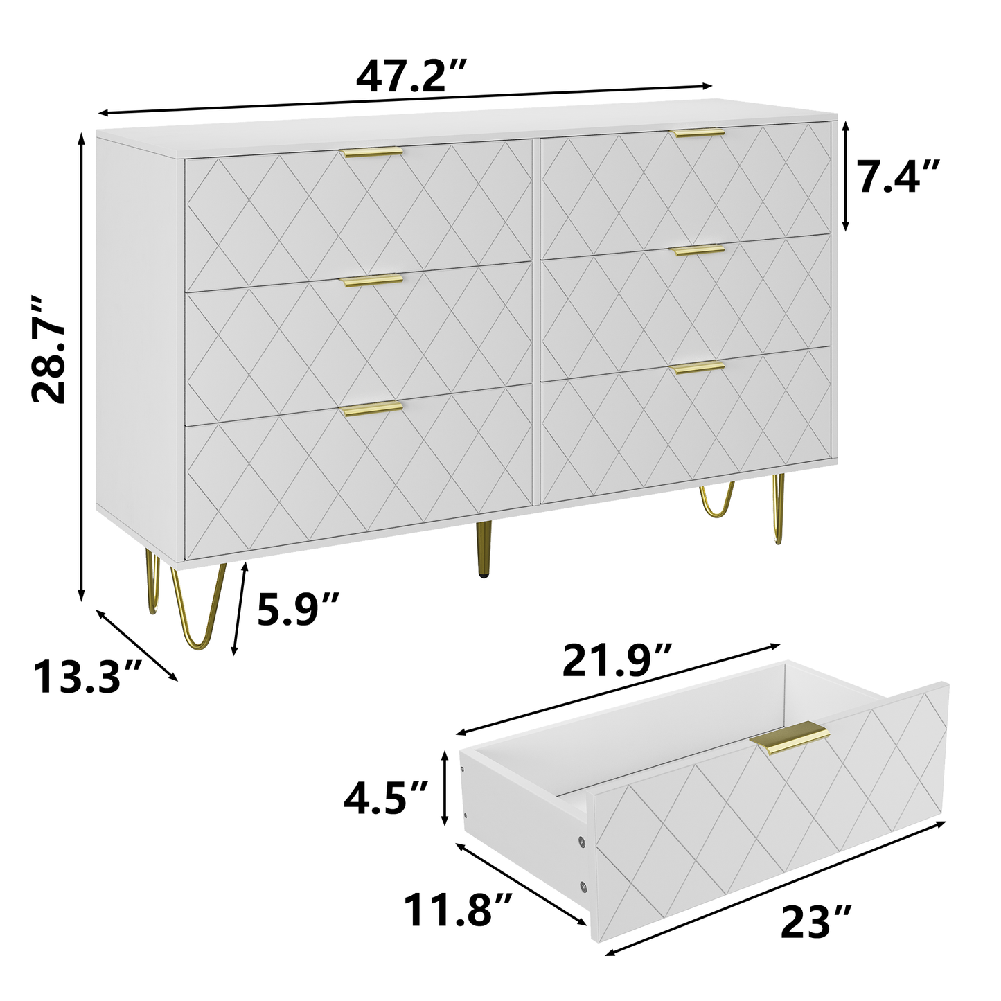 Modern white 6 Drawers for Bedroom,Big Size Wooden drawers with Gold Handles,  Chest Dresser with Deep Drawers for living room