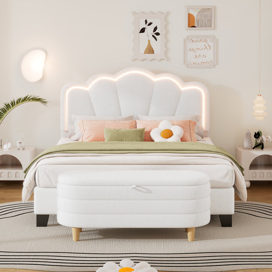 2-Pieces Bedroom Sets Full Size Flower-Shaped Upholstered LED Platform Bed with Storage Ottoman-Sherpa Fabric, White