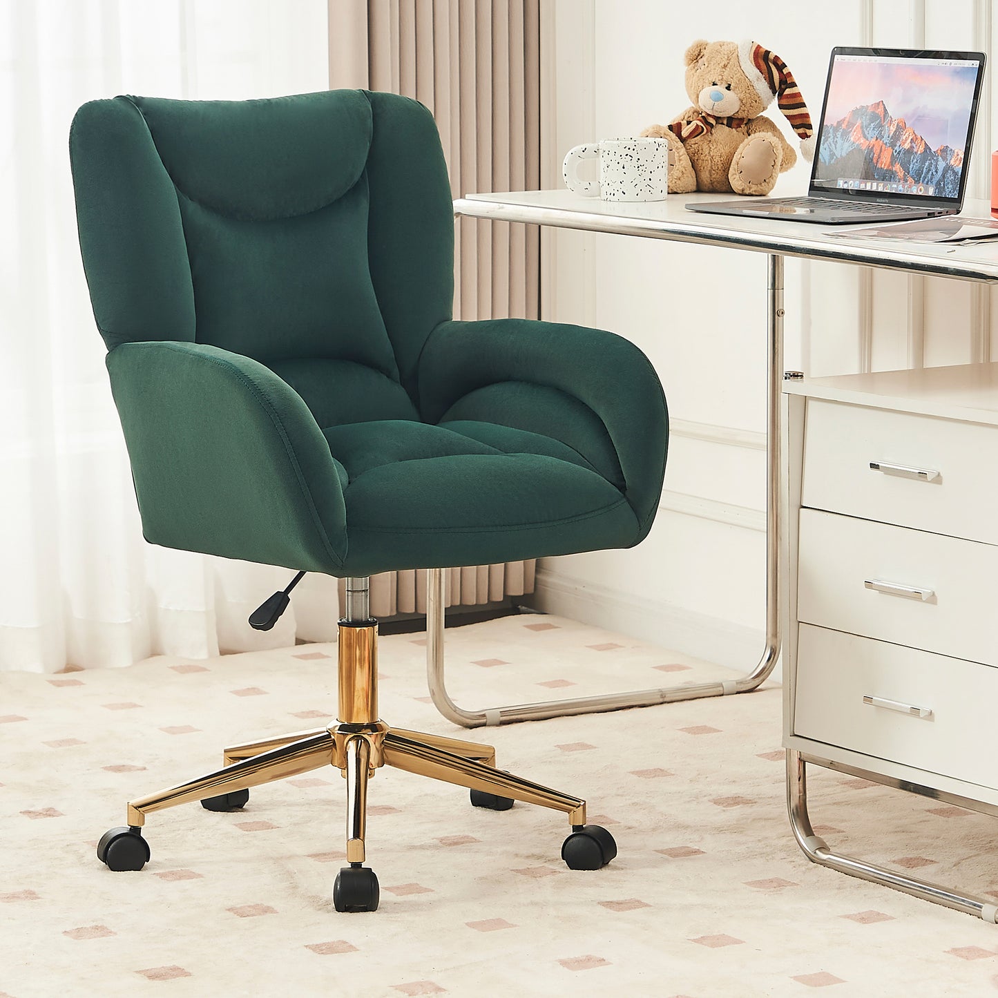 005-Velvet Fabric 360 Swivel Home Office Chair With Gold Metal Base And Universal Wheels,Green