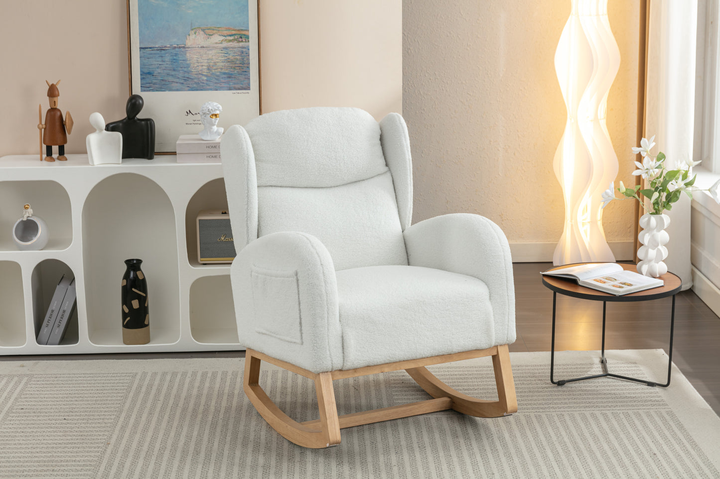 049-Teddy Fabric Rocking Chair With Packet Wood Legs,Ivory