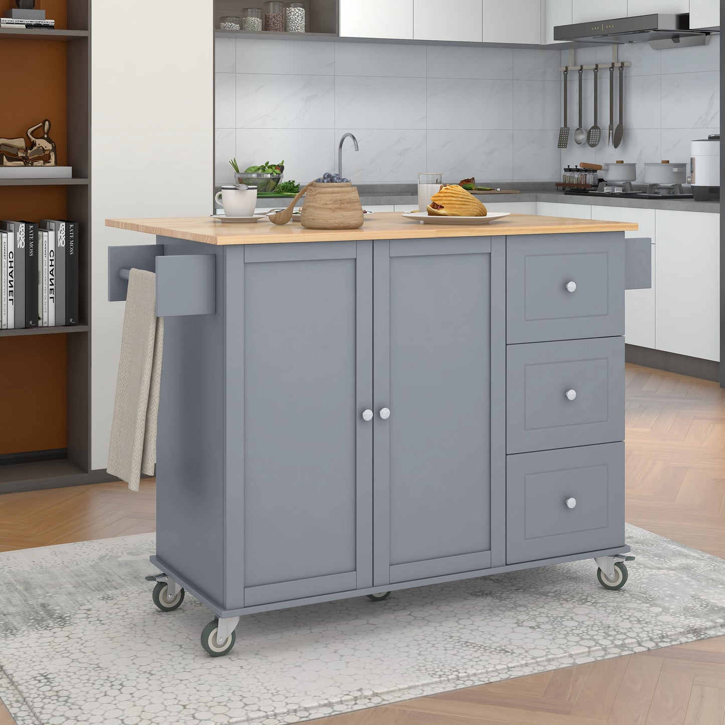 Rolling Mobile Kitchen Island with Solid Wood Top and Locking Wheels,52.7 Inch Width,Storage Cabinet and Drop Leaf Breakfast Bar,Spice Rack, Towel Rack & Drawer (Grey Blue)