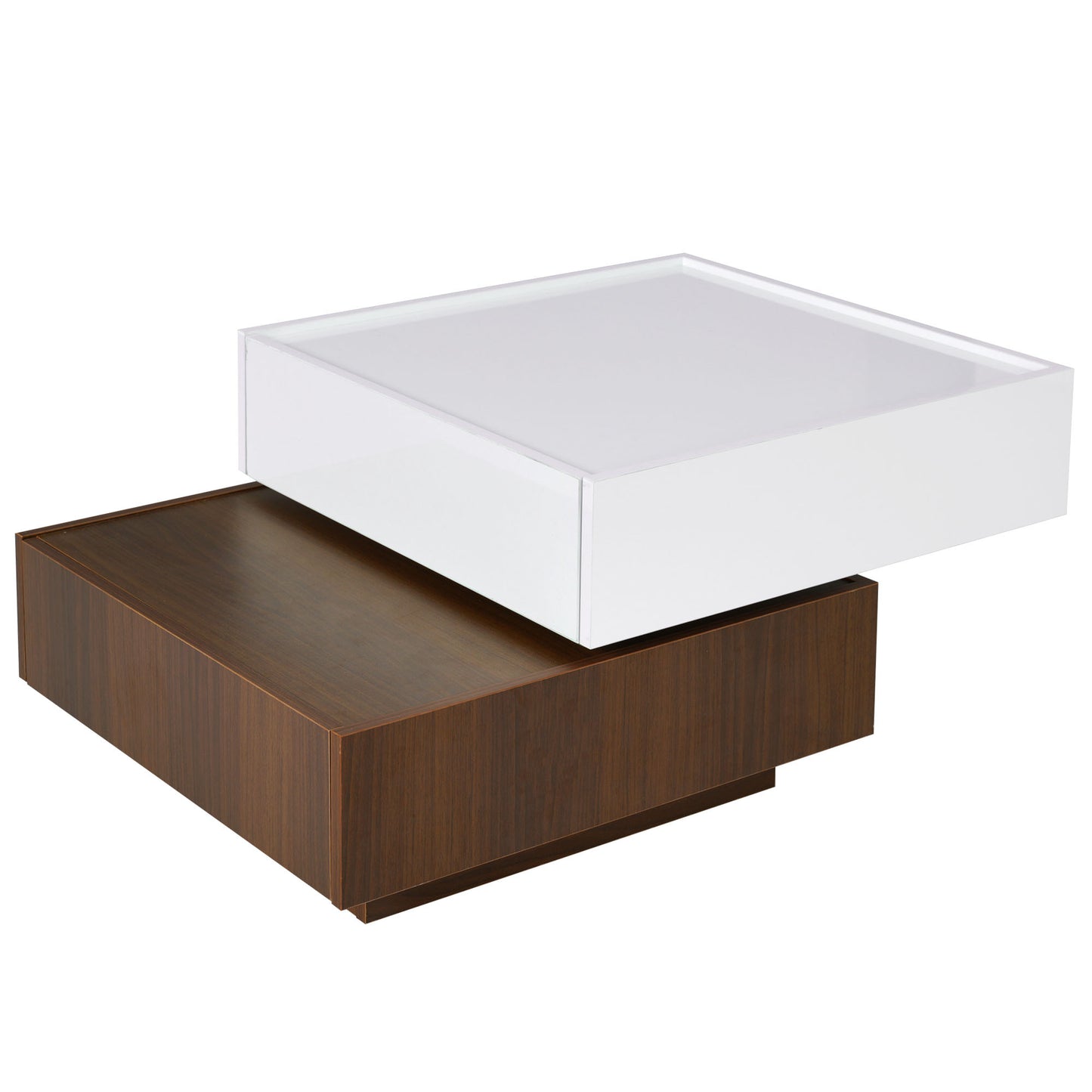 ON-TREND Square 360°Rotating Coffee Table with 2 Drawers, High Gloss 2-Tier Center Table with Swivel Tabletop and Storage, Walnut Table Frame Side Table for Living Room, White