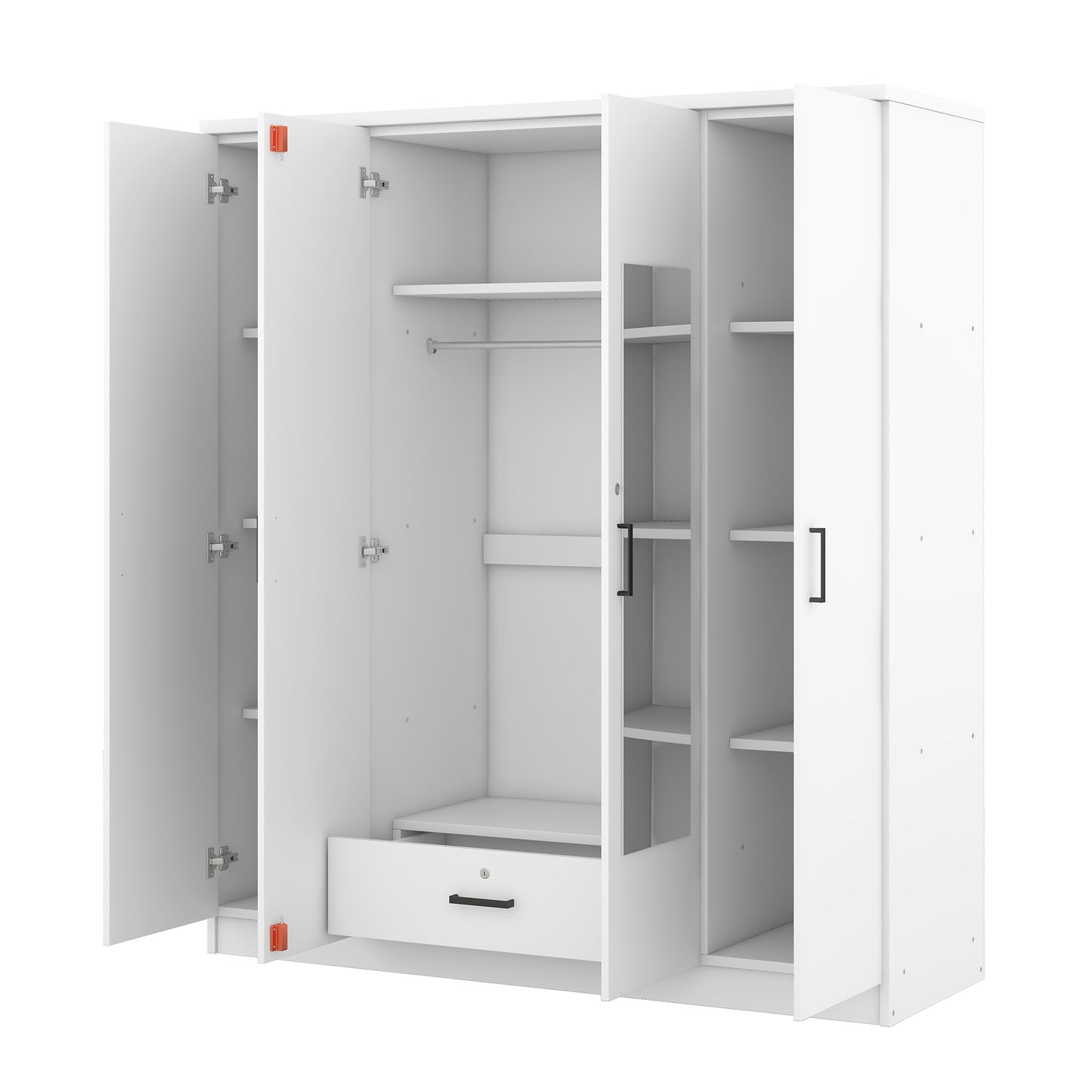 4-Door Mirror Wardrobe with shelves, White