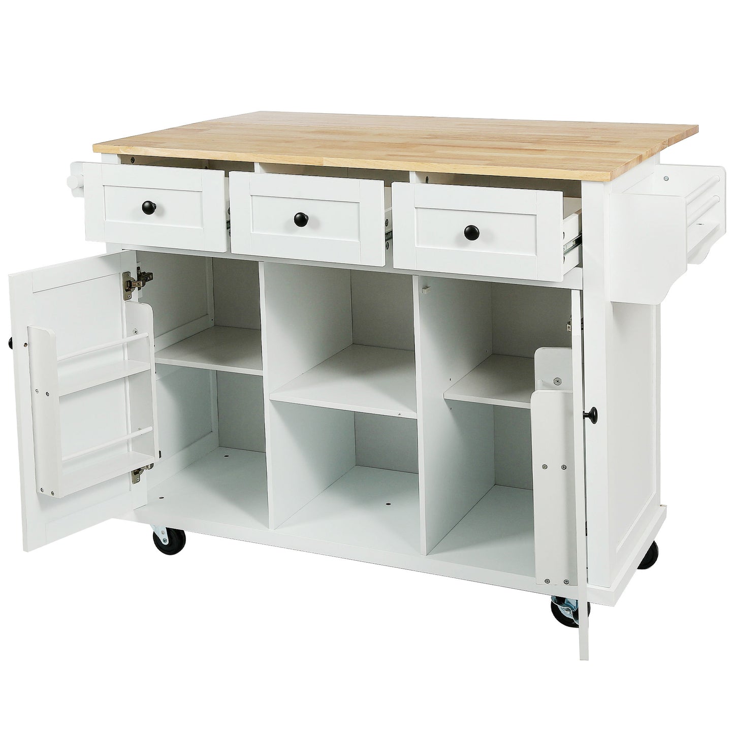 Kitchen Cart with Rubber wood Drop-Leaf Countertop ,Cabinet door internal storage racks,Kitchen Island on 5 Wheels with Storage Cabinet and 3 Drawers for Dinning Room,White