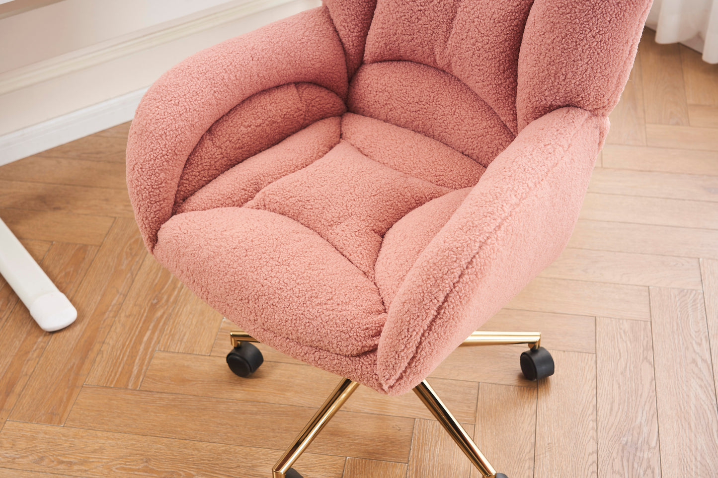 005-Teddy Fabric 360 Swivel Home Office Chair With Gold Metal Base And Universal Wheels,Pink