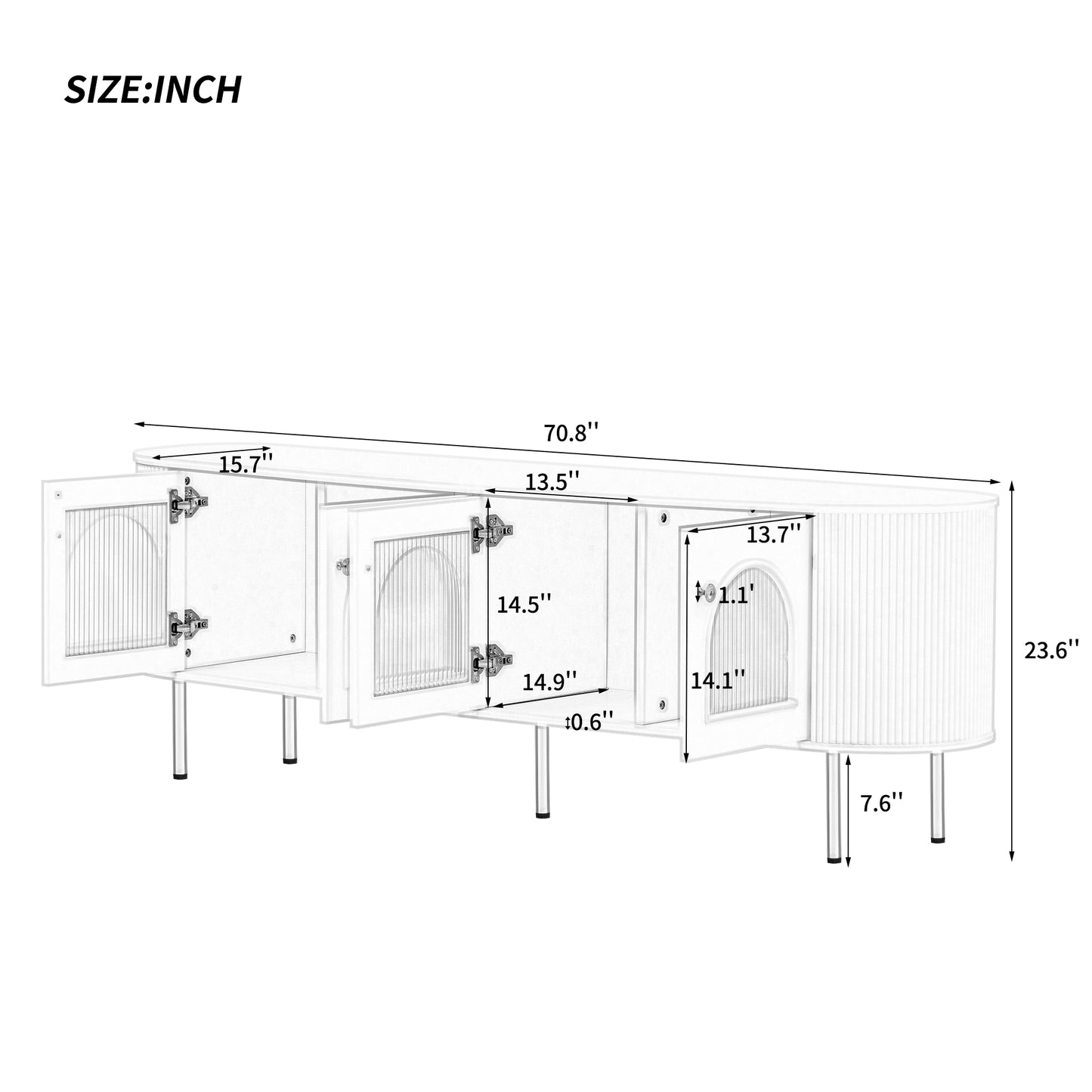 U-Can Modern TV Stand for TVs up to 80 Inches, Entertainment Center with 4 Cabinets, Wood Media Console with Metal Legs and Handles for Living room, White