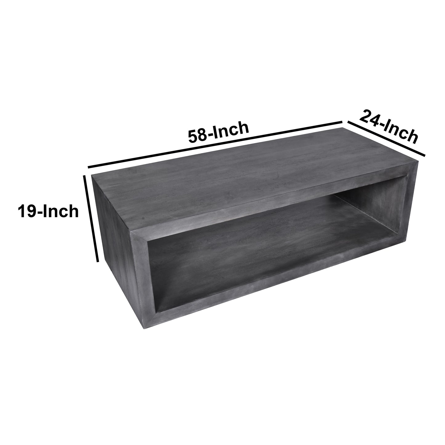 58" Cube Shape Wooden Coffee Table with Open Bottom Shelf, Charcoal Gray