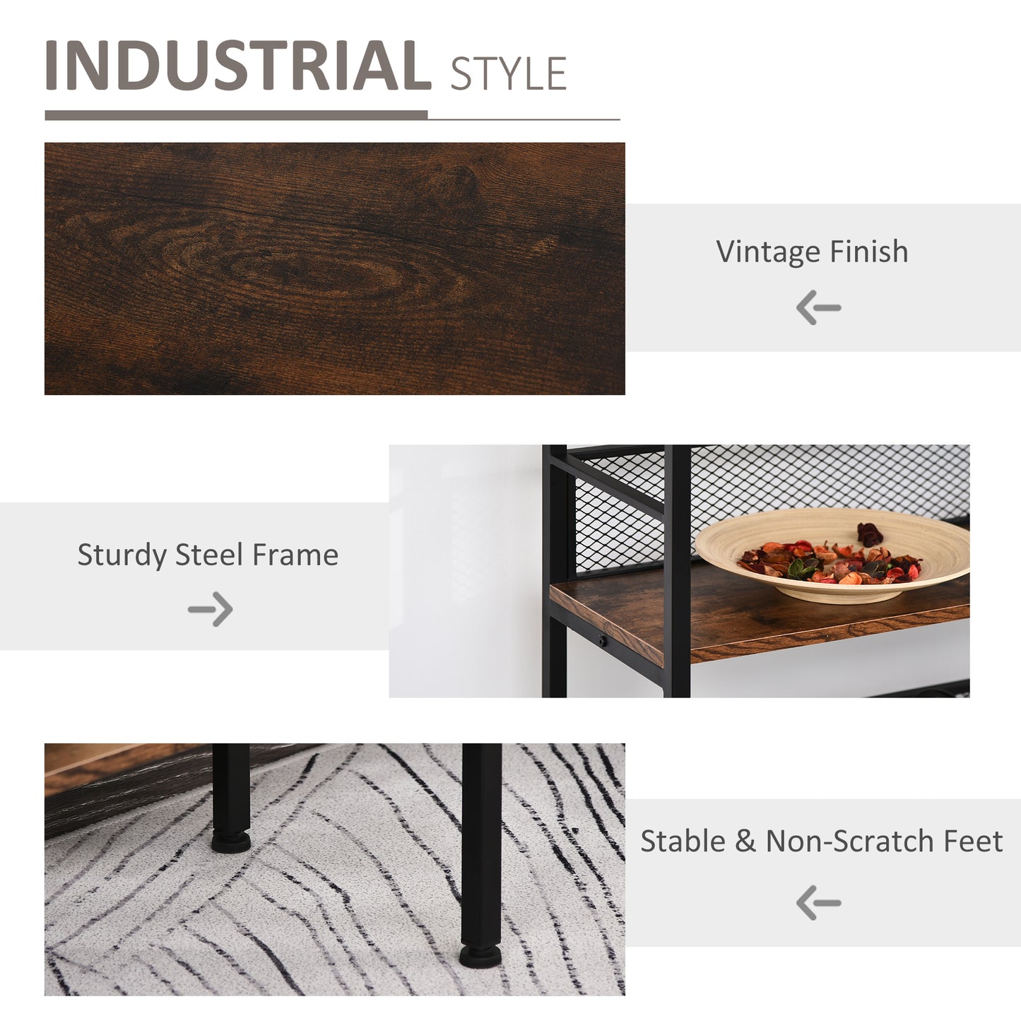 3-Tier Console Table Industrial Style Storage Metal Wooden Shelf with a Robust Multi-Functional Design & Adjustable Feet, Black