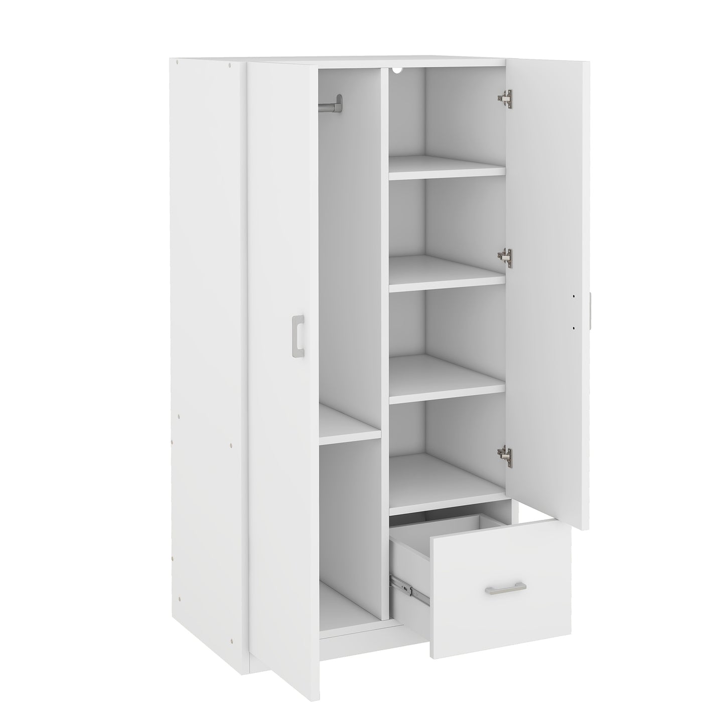 Wooden Wardrobe with Double Doors, Armoire with Hanging Rod, 5 Fixed Shelves, One Storage Drawer,White