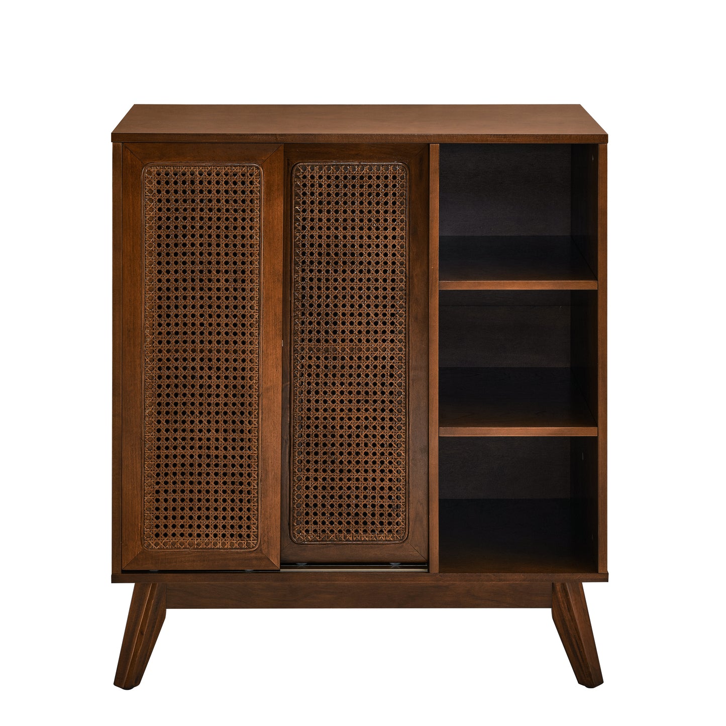 Mid Century Modern Rattan Sideboard Cabinet, Buffet Cabinet for Entryway Hallway Living Room Kitchen Dining Room Bedroom, Adjustable Shelf & Solid Wood Feet & Rattan Cabinet Doors - Dark Wood