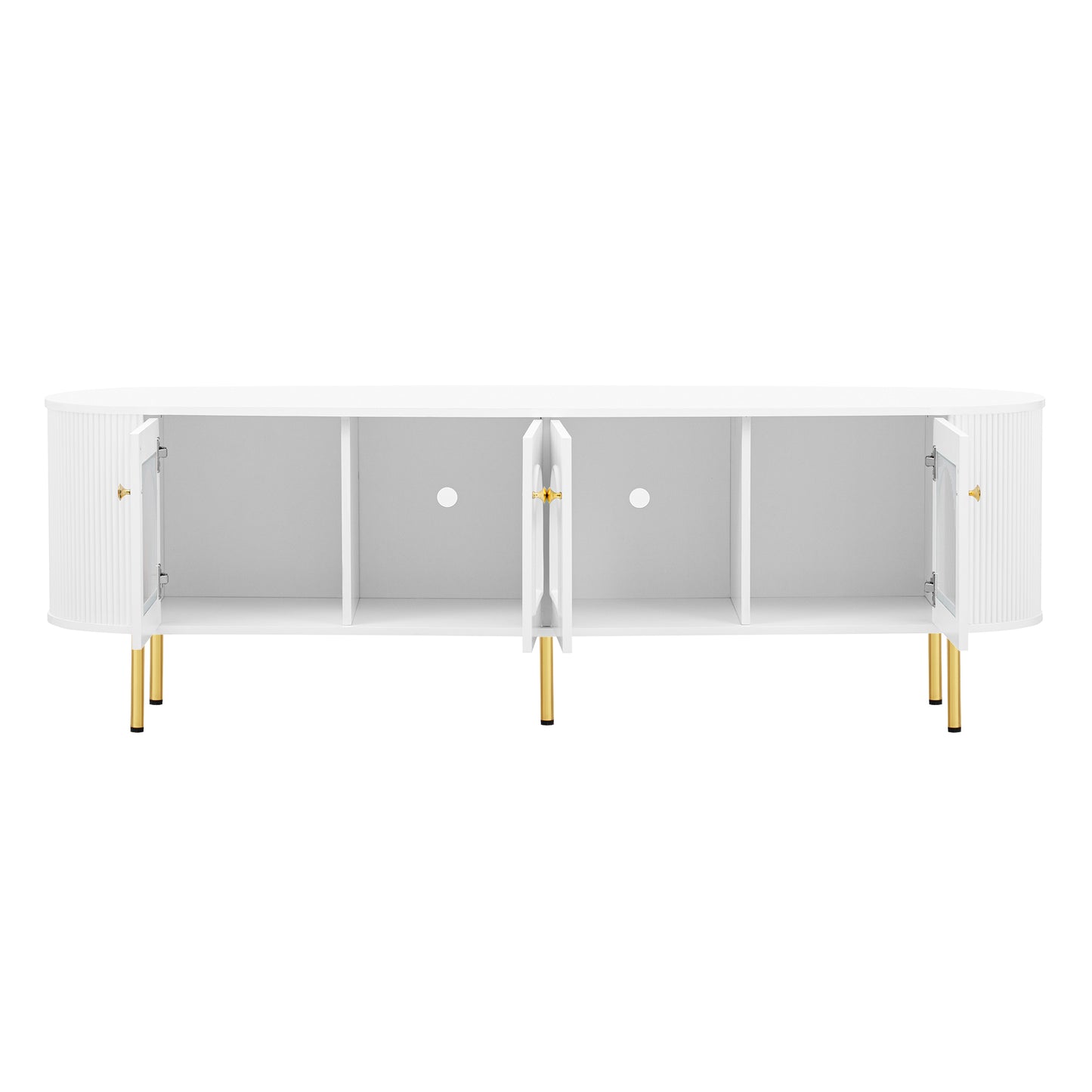 U-Can Modern TV Stand for TVs up to 80 Inches, Entertainment Center with 4 Cabinets, Wood Media Console with Metal Legs and Handles for Living room, White