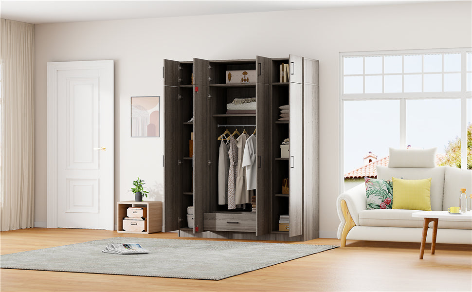 4-Door Wardrobe with 1 Drawer and Top Cabinet , Gray