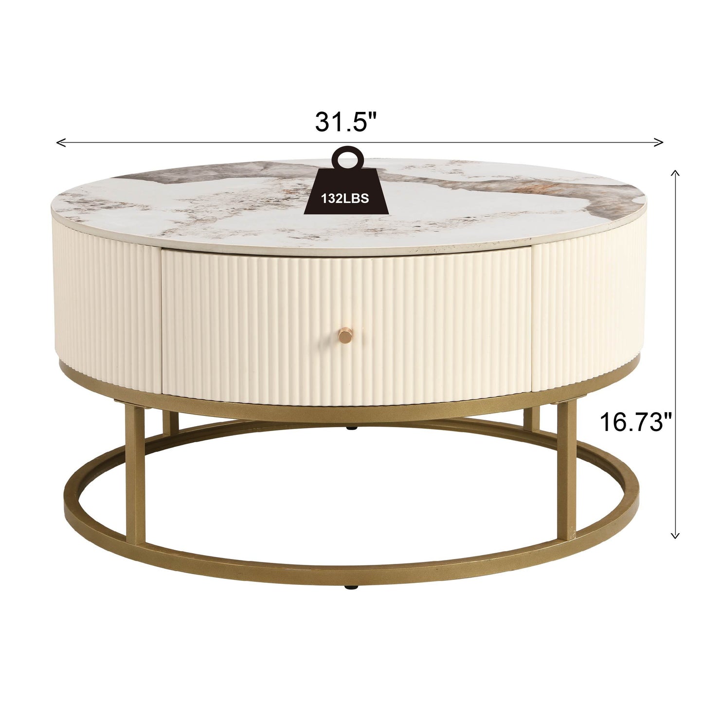 31.5 Inch Modern Round Coffee Table with Drawers, Marble Table with Storage, Coffee Table for Living Room