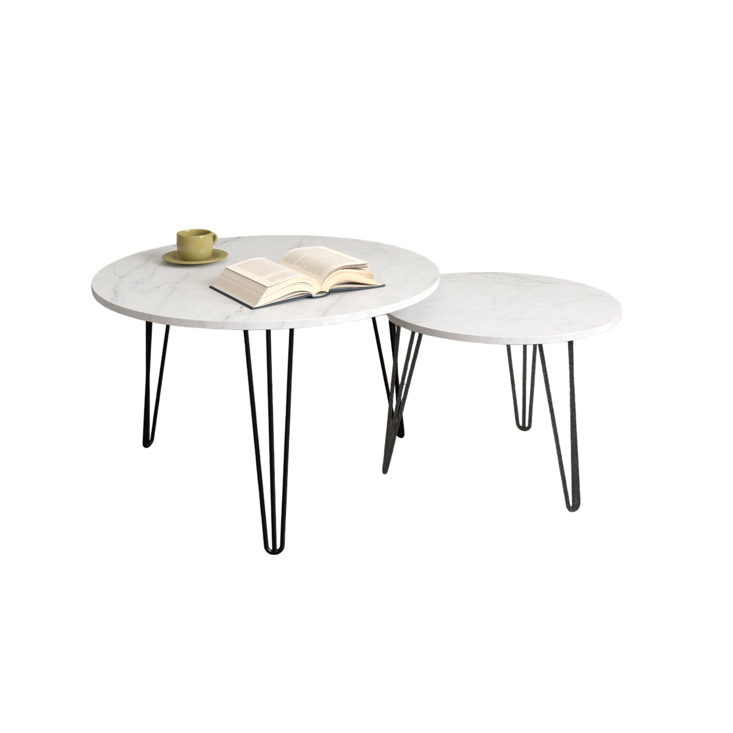 27.56'' Round Nesting Coffee Table Set of 2,  Circular Nesting End Table Set, Round Marble Tabletop, and Sturdy Metal Base for Living Room, bedroom, White