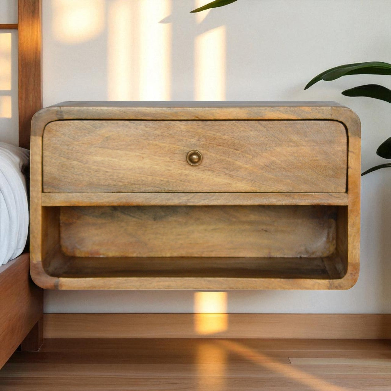 Solid Wood Floating Curve Open Slot, 1-Drawer, Nightstand, Oak