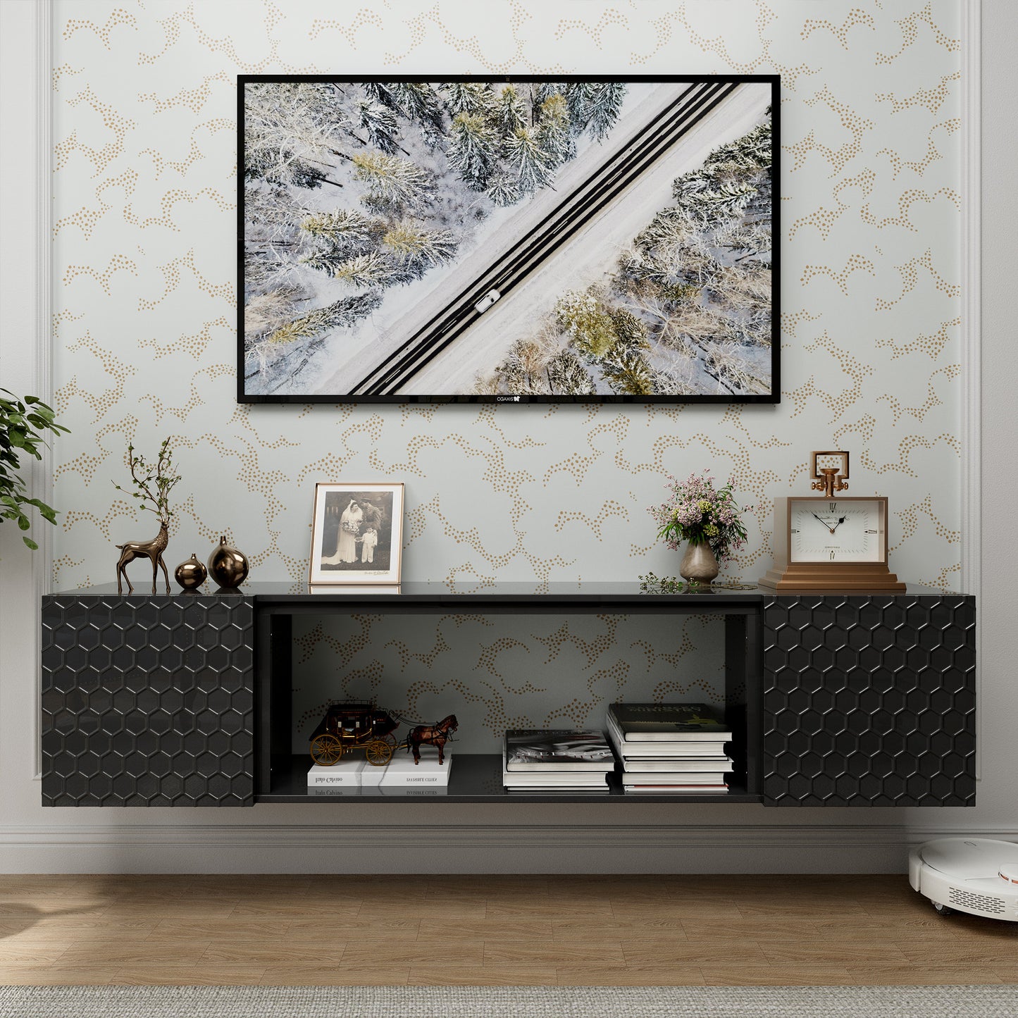 Floating TV Wall Mount Stand for 80 Inch TVs - Sturdy Wood Console, High Weight Capacity & Hidden Cable Management, Contemporary Style (Black)