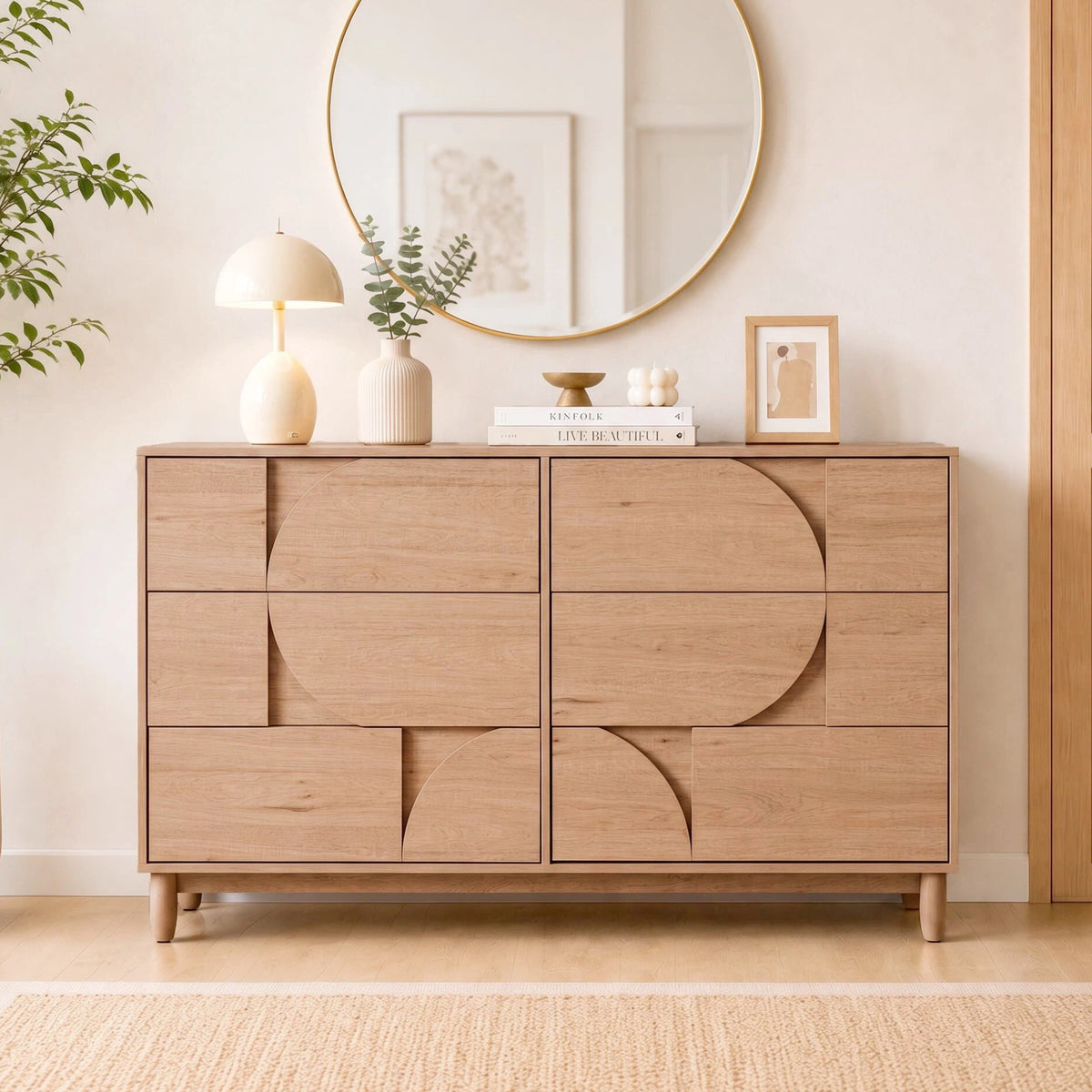 Mid Century 6-Drawer Dresser for Bedroom, 55' Wide Modern Chest of Drawers, TV Stand for Living Room, Solid Wood legs,Vanity Desk, Closet Storage, Drawers Organizer Furniture, Hallway,Light Oak