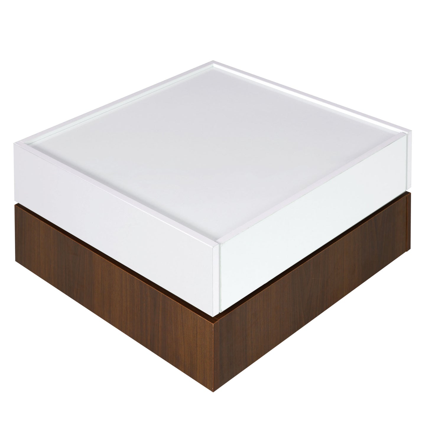 ON-TREND Square 360°Rotating Coffee Table with 2 Drawers, High Gloss 2-Tier Center Table with Swivel Tabletop and Storage, Walnut Table Frame Side Table for Living Room, White