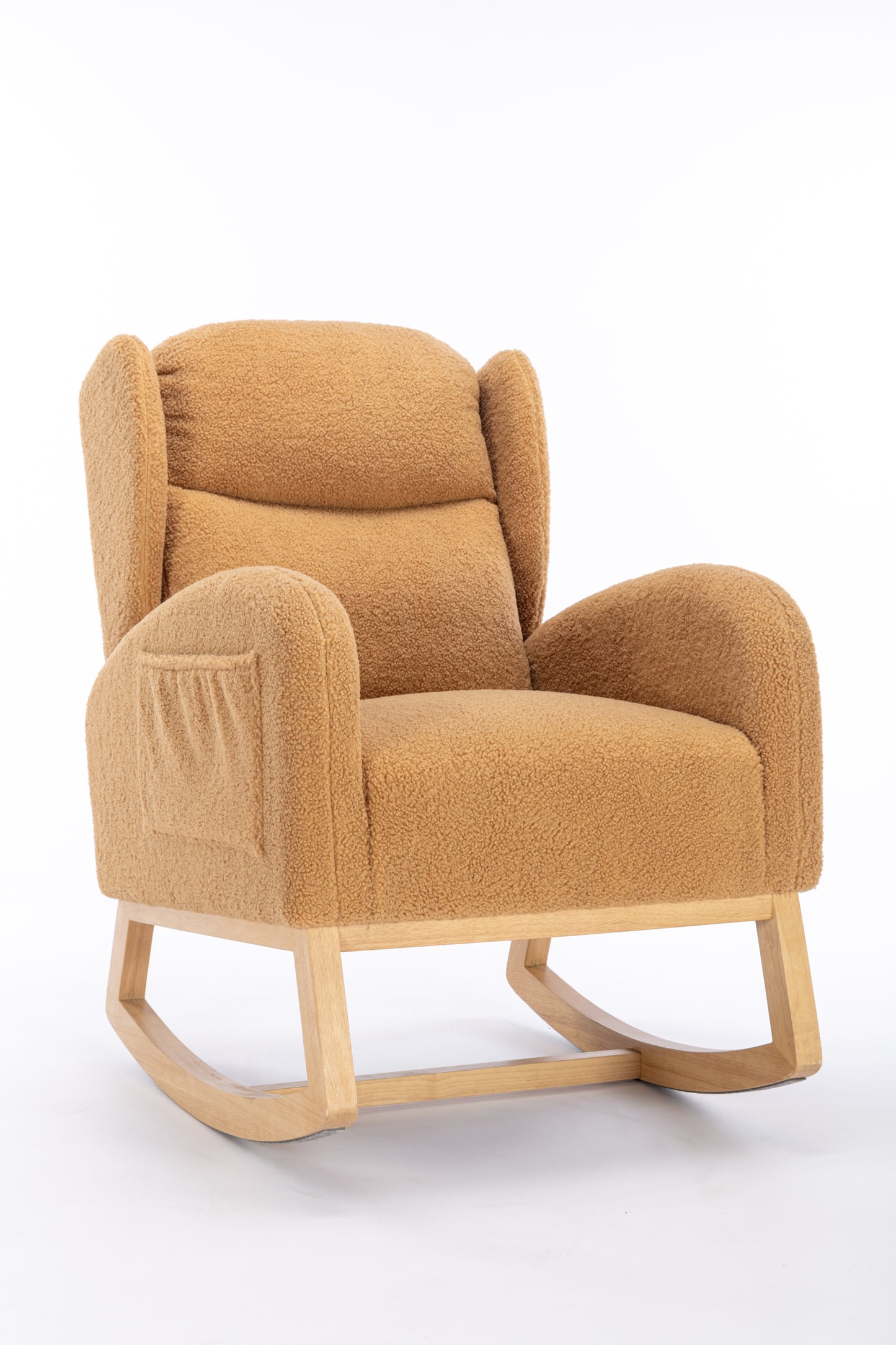 049-Teddy Fabric Rocking Chair With Packet Wood Legs,Khaki