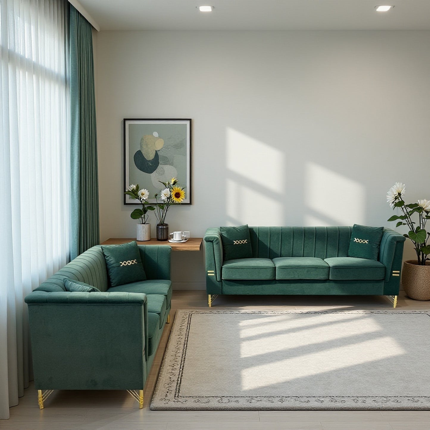 FX-P82-2PC SOFA -GR3  Green Velvet Sofa Set of 2, Two Modern 3-Seater Sofas with Plush Cushions & Gold-Tone Metal Legs  Stylish Living Room Couch Set for Homes, Apartments, and Guest Areas