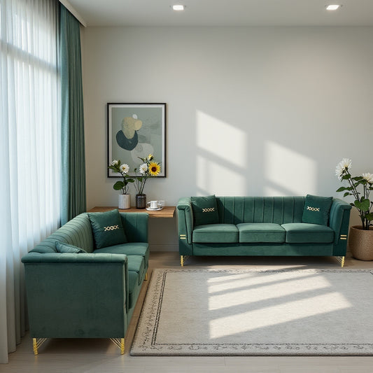 FX-P82-2PC SOFA -GR3  Green Velvet Sofa Set of 2, Two Modern 3-Seater Sofas with Plush Cushions & Gold-Tone Metal Legs  Stylish Living Room Couch Set for Homes, Apartments, and Guest Areas