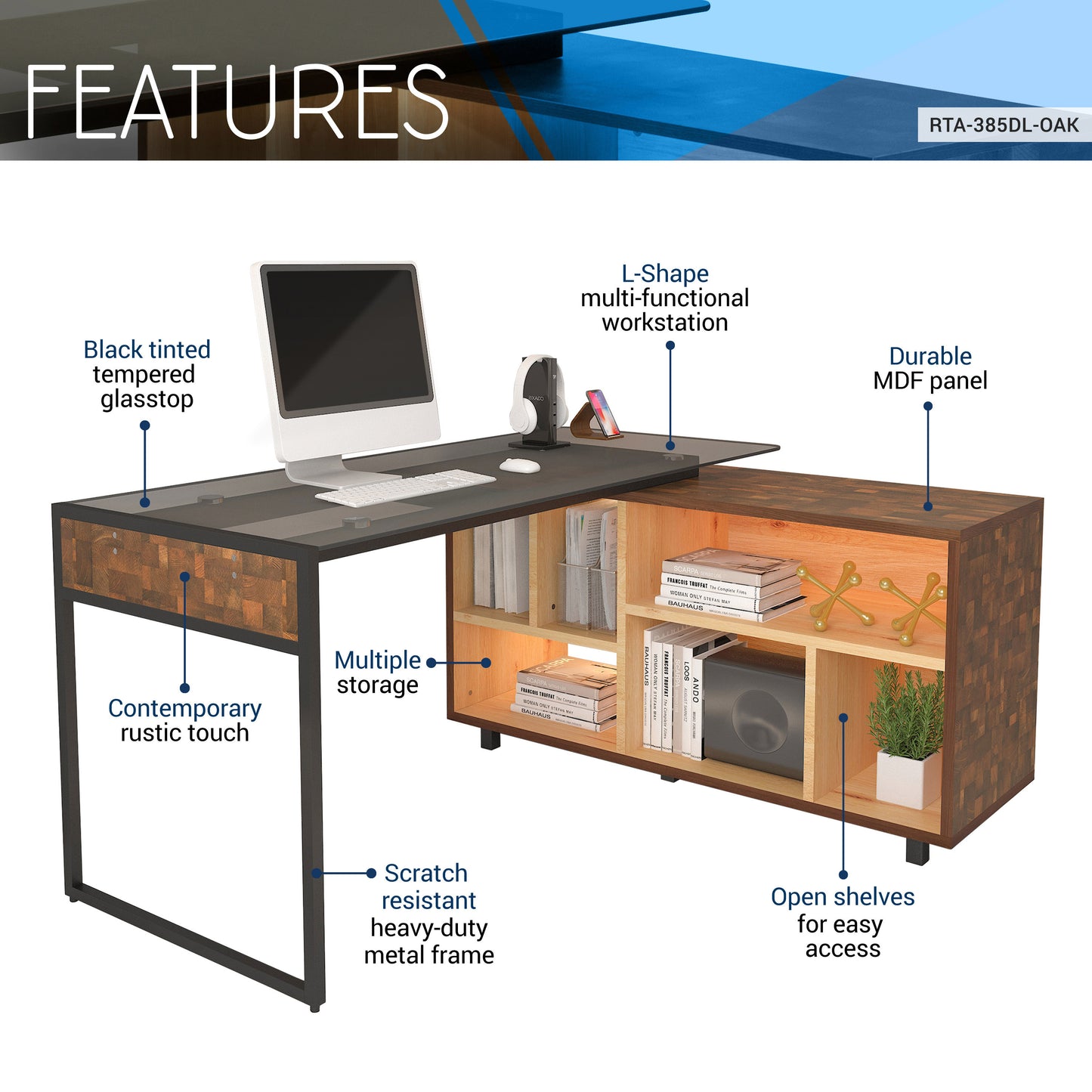 Techni Mobili L-Shape Corner Desk with Multiple Storage, Oak
