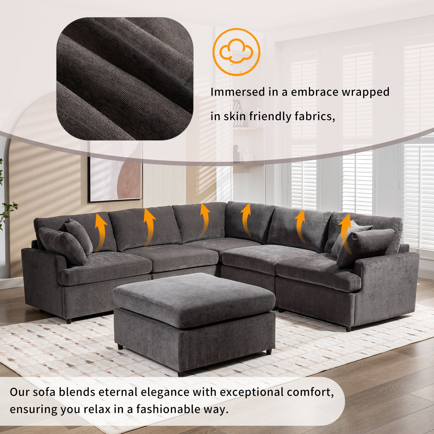 U_STYLE Modern Large U-Shape Sectional Sofa, with Removable Ottomans for Living Room (6-Seater)