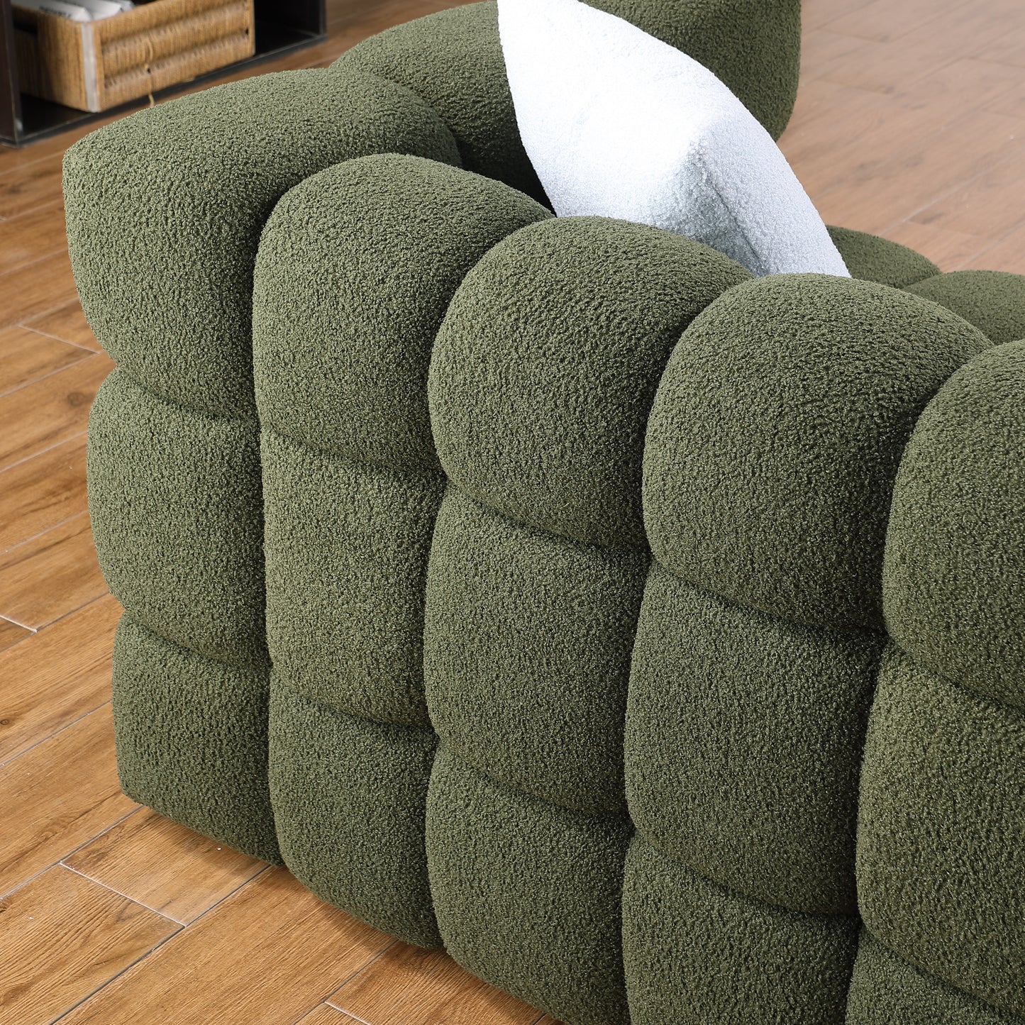 84.3 length ,35.83" deepth ,human body structure for USA people,  marshmallow sofa,boucle sofa ,3 seater, OLIVE GREEN BOUCLE