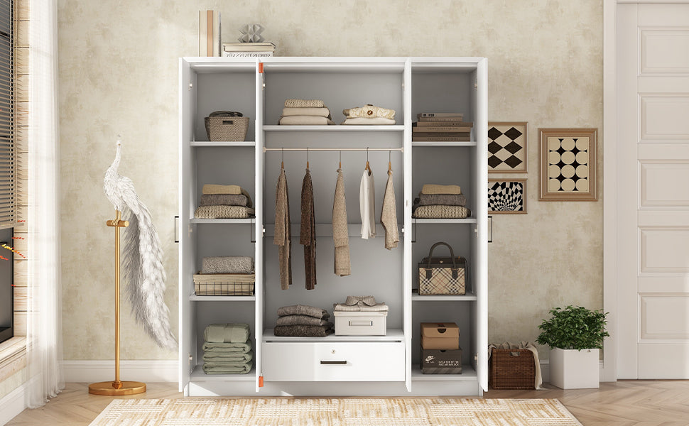 4-Door Mirror Wardrobe with shelves, White