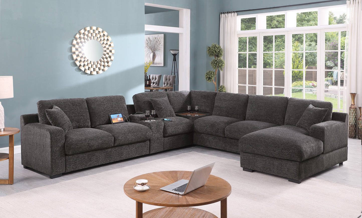 Celine 141.5' Gray Chenille Fabric Corner Sectional Sofa with Right-Facing Chaise, Cupholders, and Charging Ports