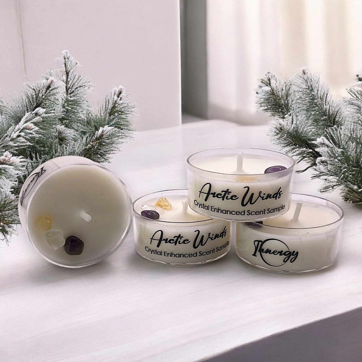 Arctic Winds, Premium Coconut-Soy Wax Tea Light Crystal Candle, 1oz