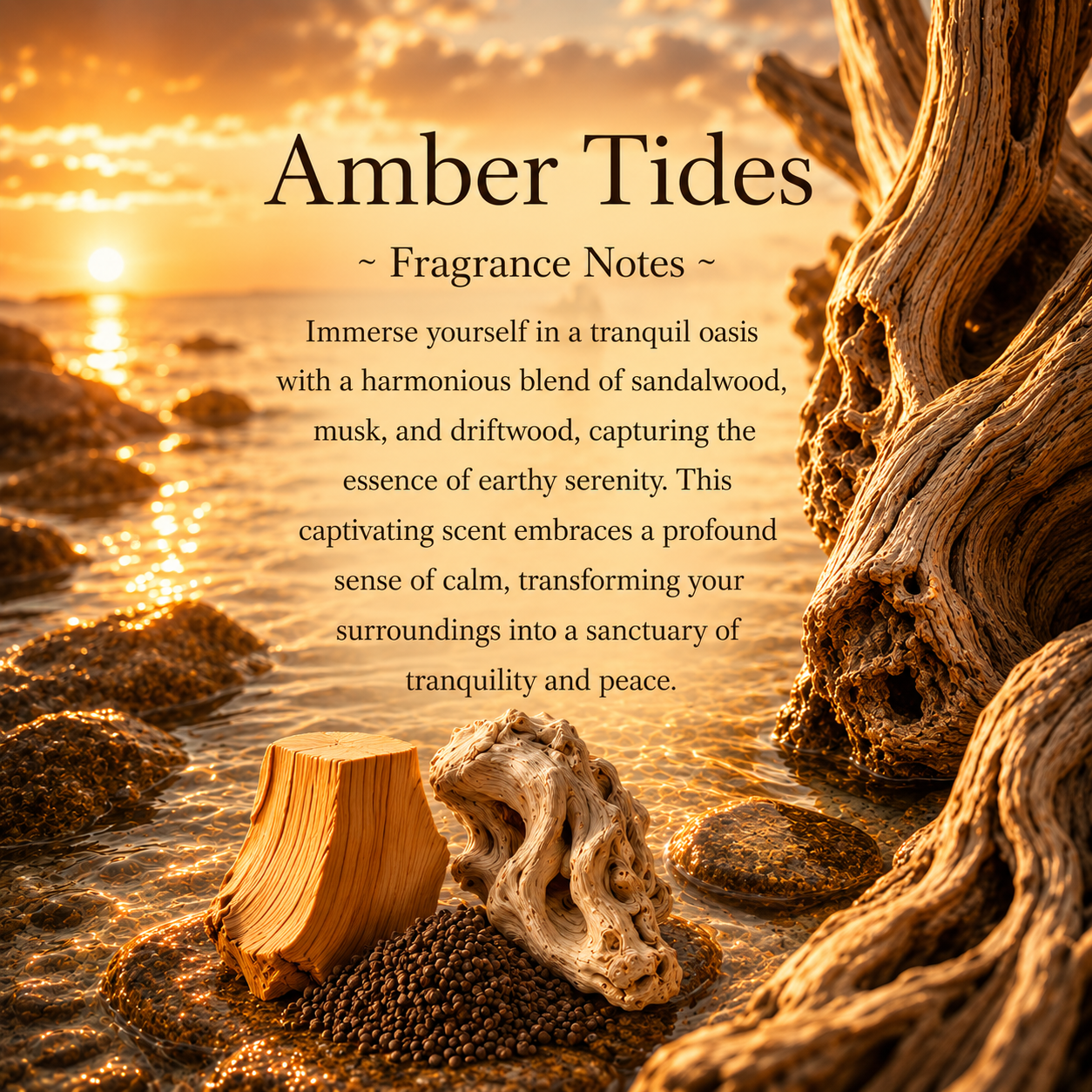 Amber Tides, Premium Coconut-Soy Wax Tea Light Crystal Candle, 1oz