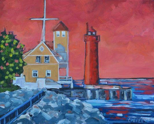 "Muskegon Lighthouse" Sunset Lighthouse Print on Paper, Wood Panel - Wall Art Home Decor