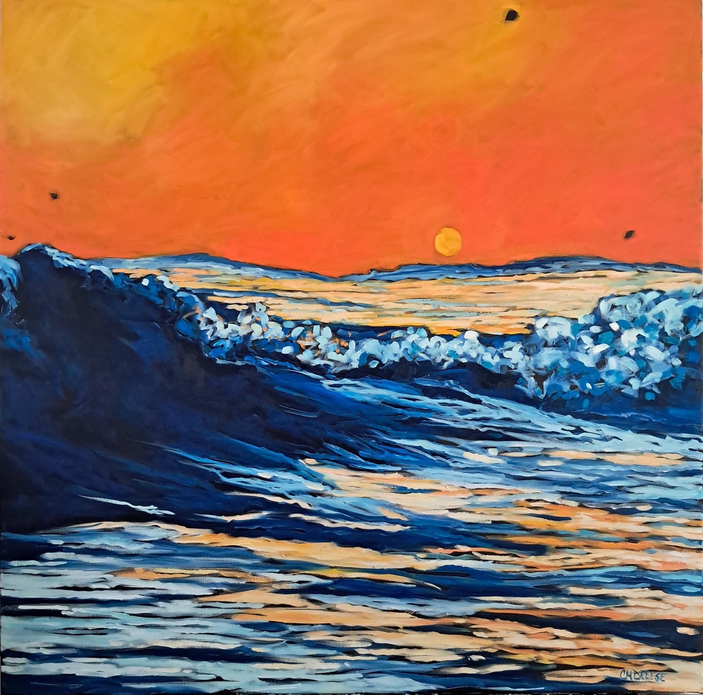 "In Every Drop of Water There is a Story of Life" Sunset Wave Original Oil Painting on Canvas, Artist Christi Dreese