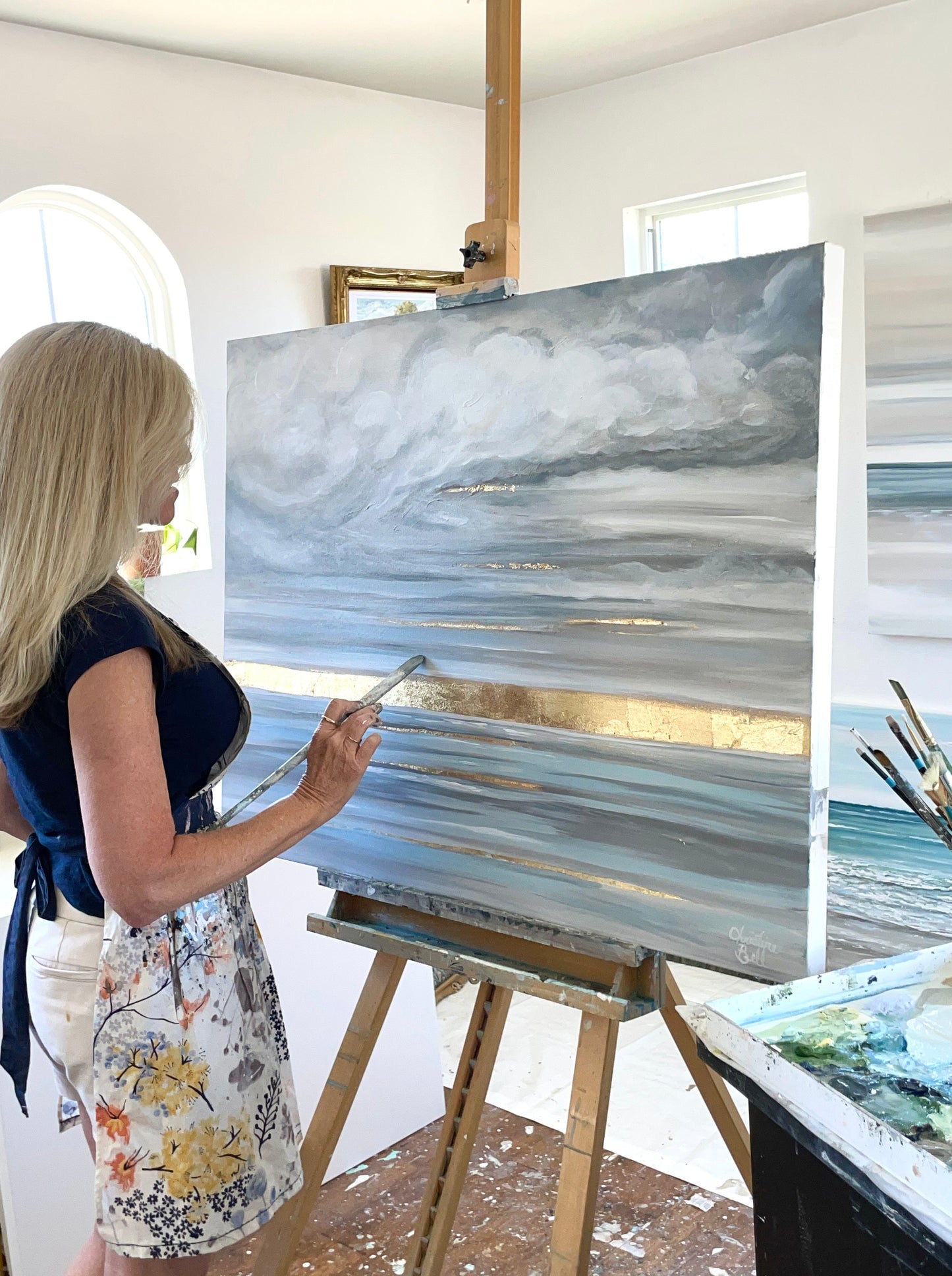 "Daybreak's Enchantment" Giclée Print, Modern Coastal Seascape, Clouds, Gold Leaf