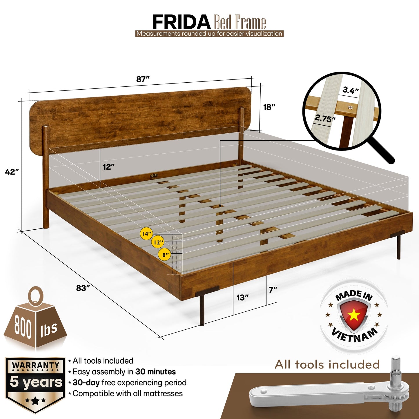 Frida Deluxe Solid Wood Bed Frame