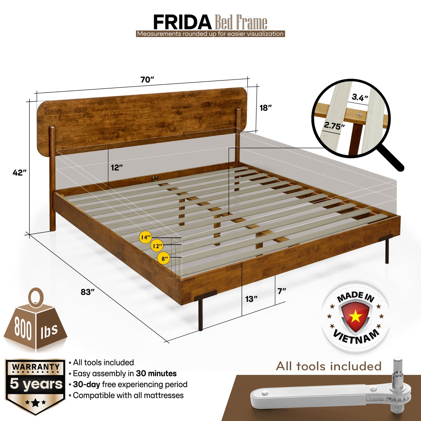 Frida Deluxe Solid Wood Bed Frame