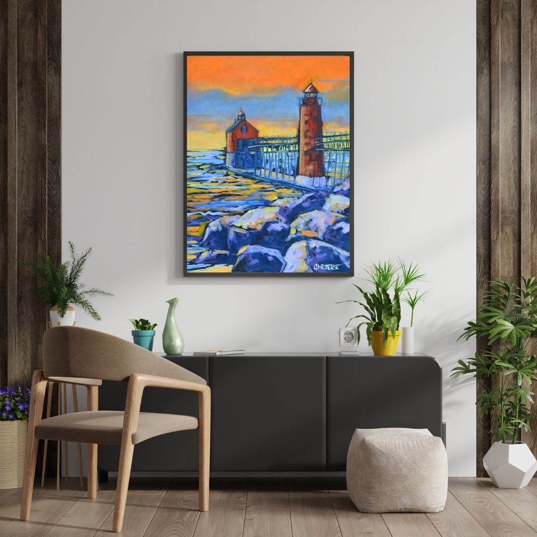 "Grand Haven Lighthouse: Burning Sky, Quiet Shores" Giclee Print on Paper or Canvas. Michigan Artist Christi Dreese