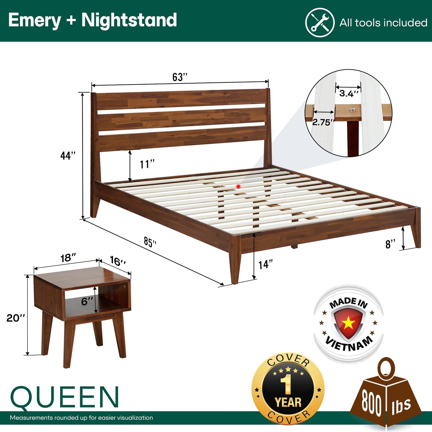 [Buy 1 Get 1] Emery Solid Wood Bed Frame & Nightstand