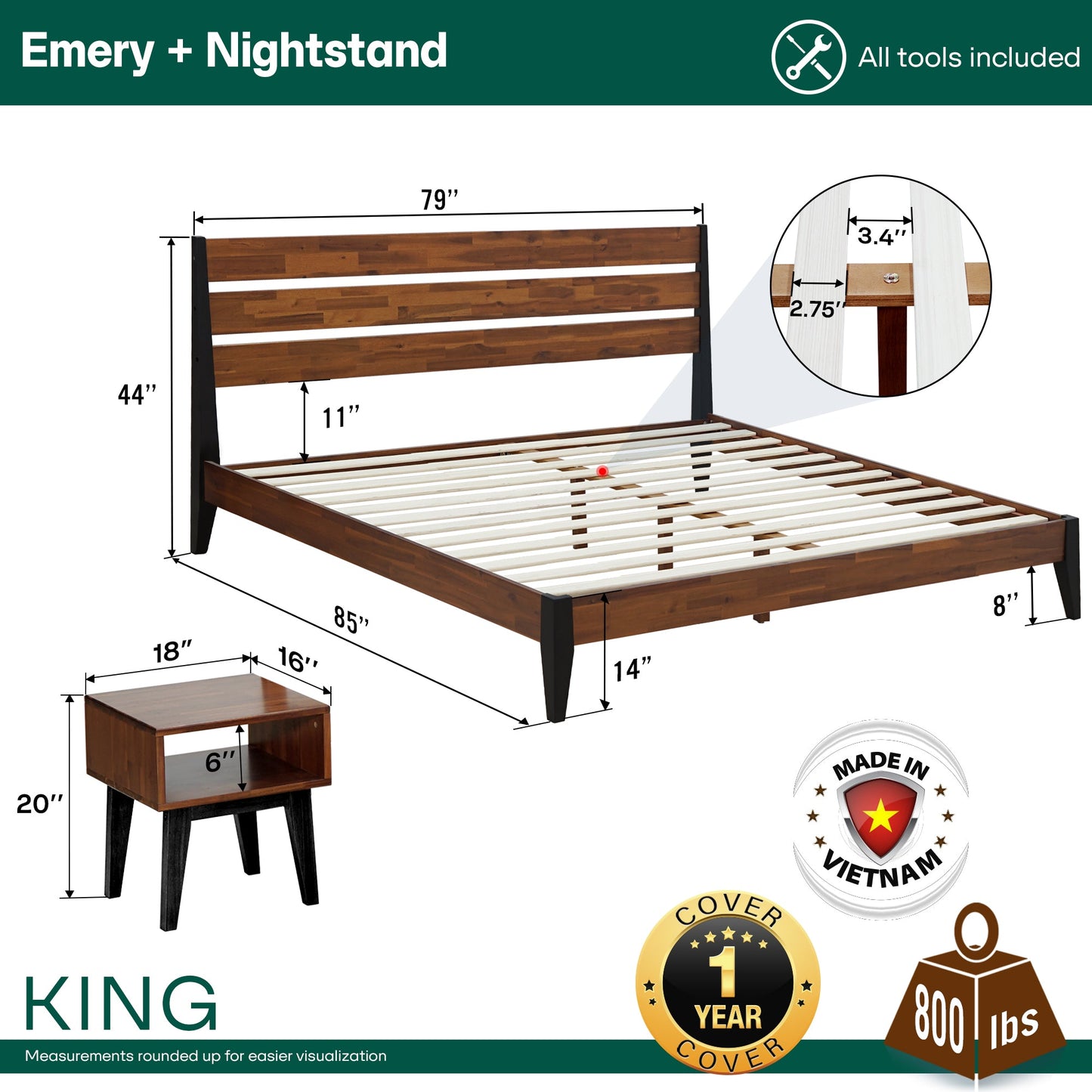 [Buy 1 Get 1] Emery Solid Wood Bed Frame & Nightstand