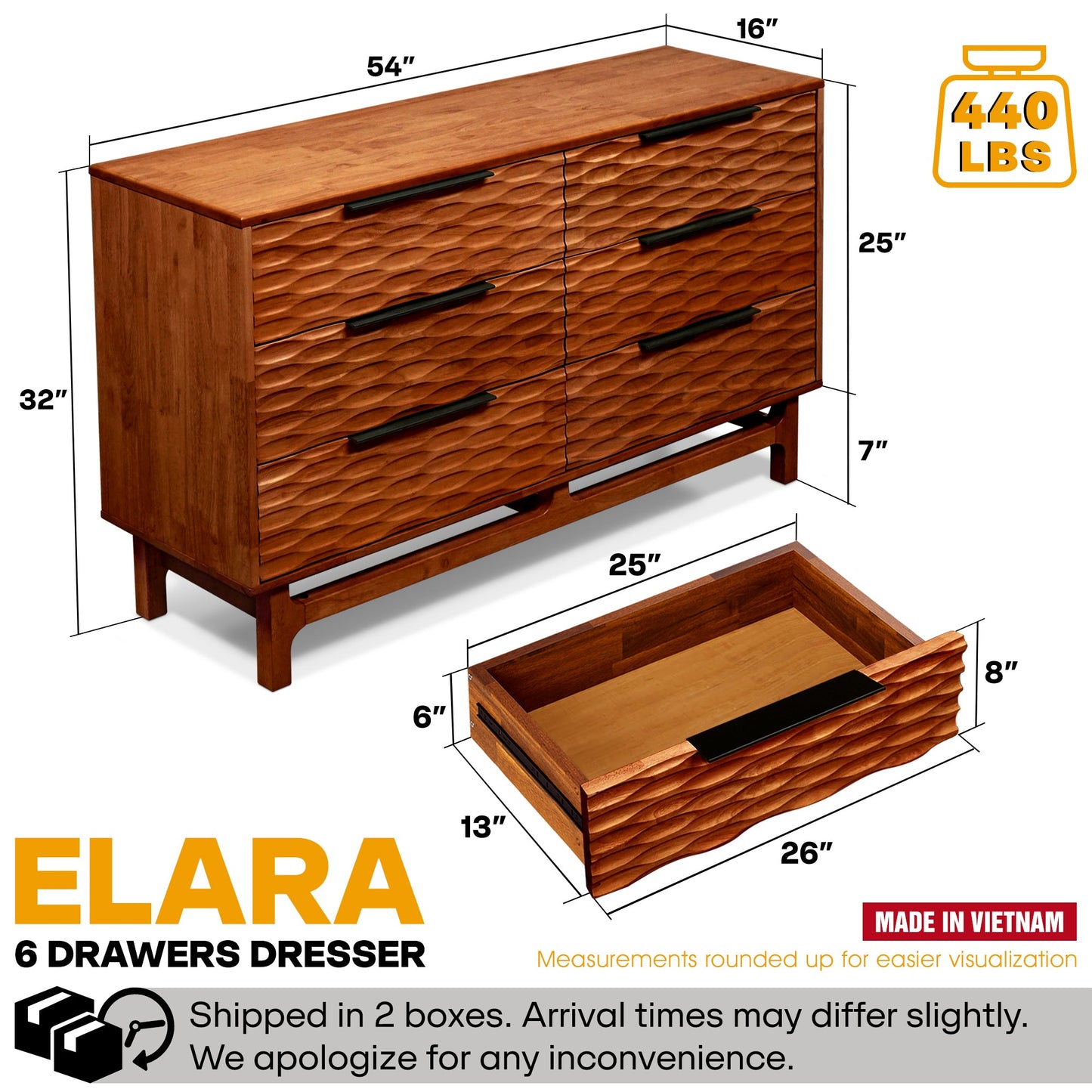 Elara Solid Wood Dresser with 6 Drawers