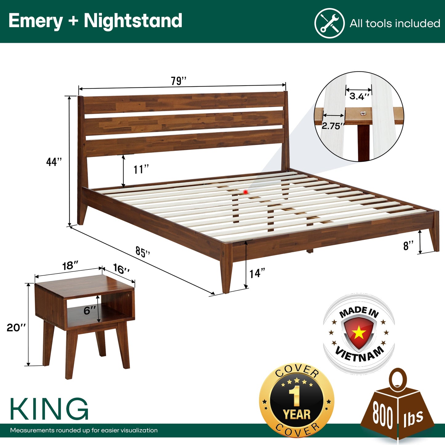 [Buy 1 Get 1] Emery Solid Wood Bed Frame & Nightstand