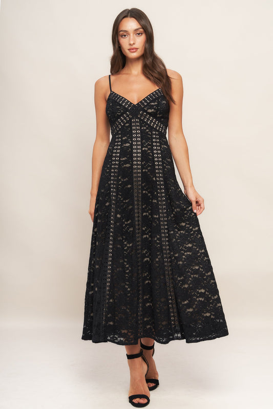 ROMANTIC NOIR NIGHTS WOVEN LACE MIDI DRESS