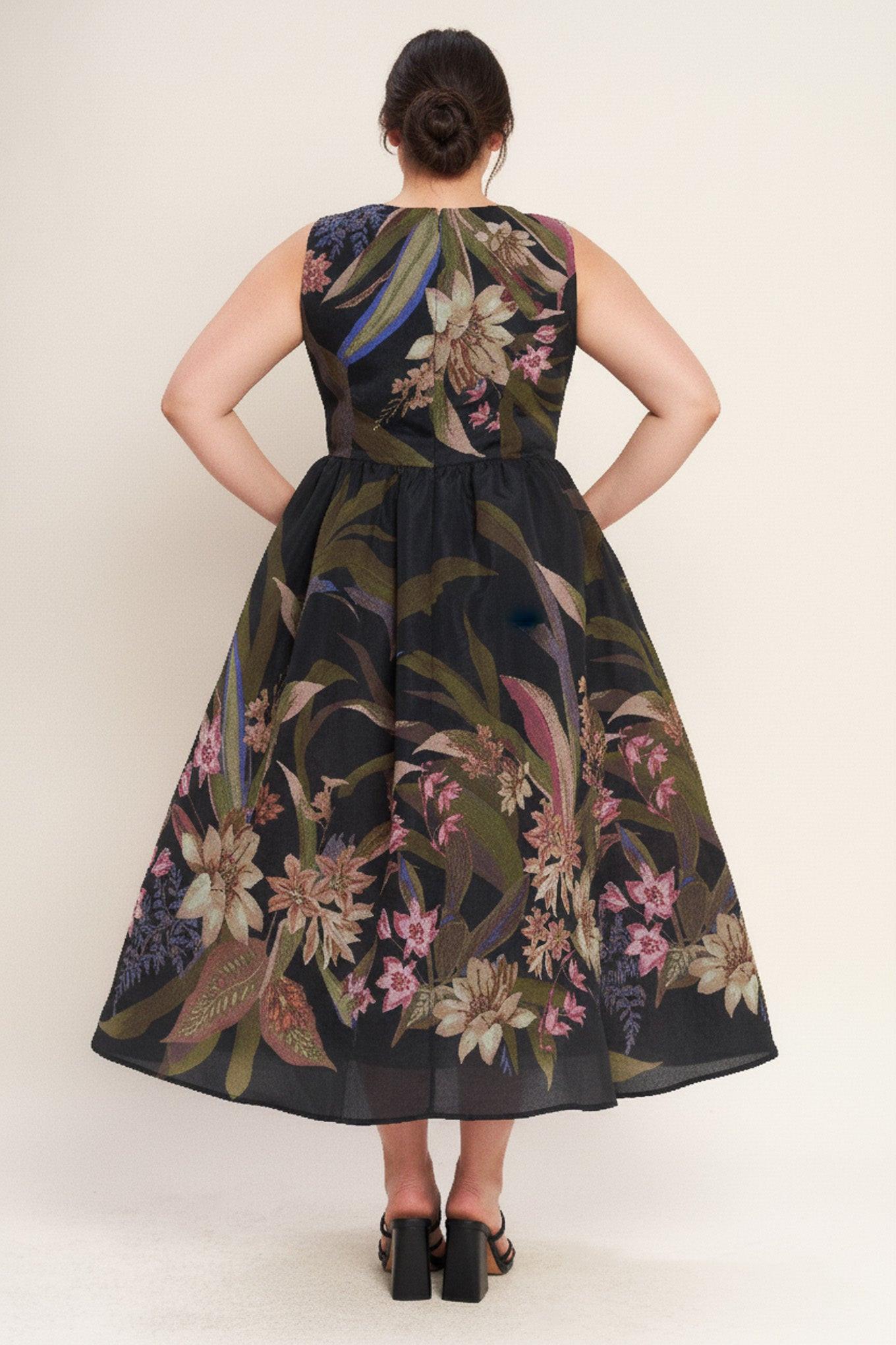 FOLIAGE WHISPER WOVEN MIDI DRESS