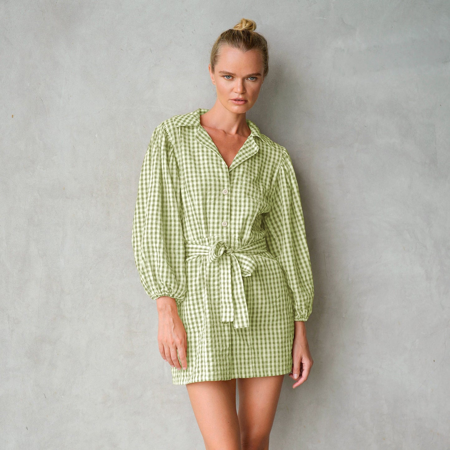 The Meghan Gingham Mini Dress in Olive Green