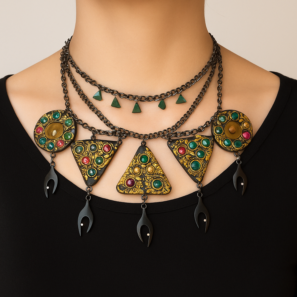 Metallic Gold and Black Art Nouveau Necklace with Green Jade